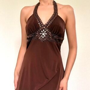 Y2K Brown Beaded Halter Midi Dress